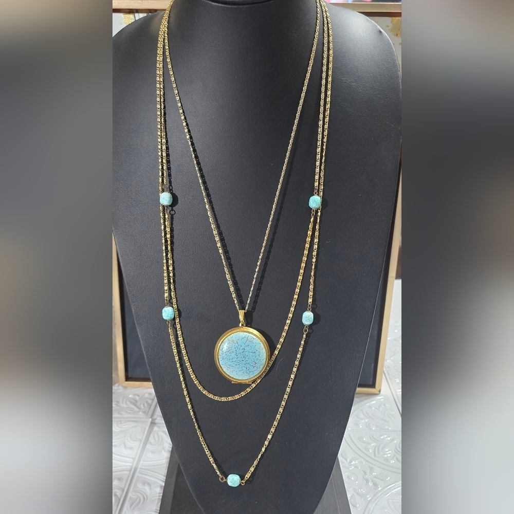 Goldette Turquoise Locket Triple Strand Goldtone Vintage Necklace
